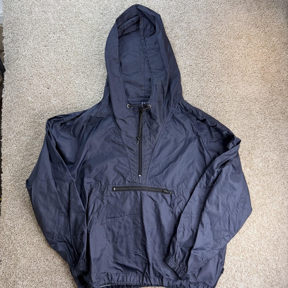 Vintage Gap Jacket Mens M Blue Nylon Hooded 1/4 Zip Anorak Pullover Windbreaker